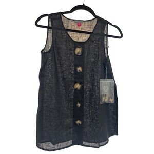 Vince Camuto Womens Oasis Bloom Black Linen Blend Tunic Tank Top XS NWT 9129110